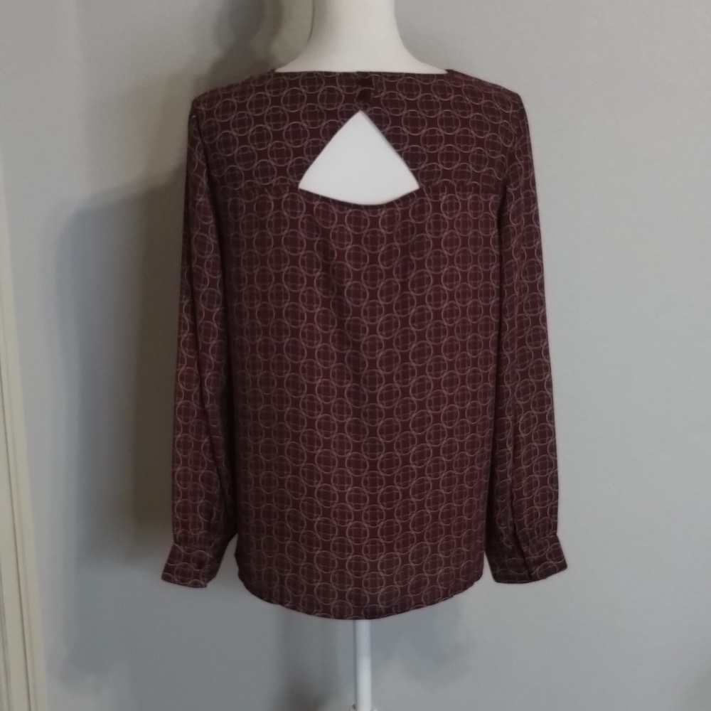 LOFT Blouse Size Small Chain Geometric Circle Print Long Sleeve Maroon - Picture 5 of 11